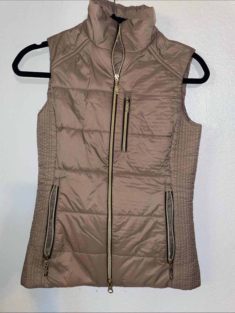 Sleeveless Quilted Vest in Taupe with Gold Zippers